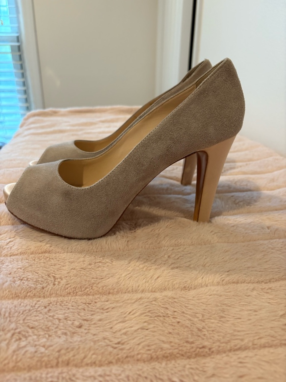 Vintage Marina Rinaldi Taupe Suede Peep-Toe High Heels